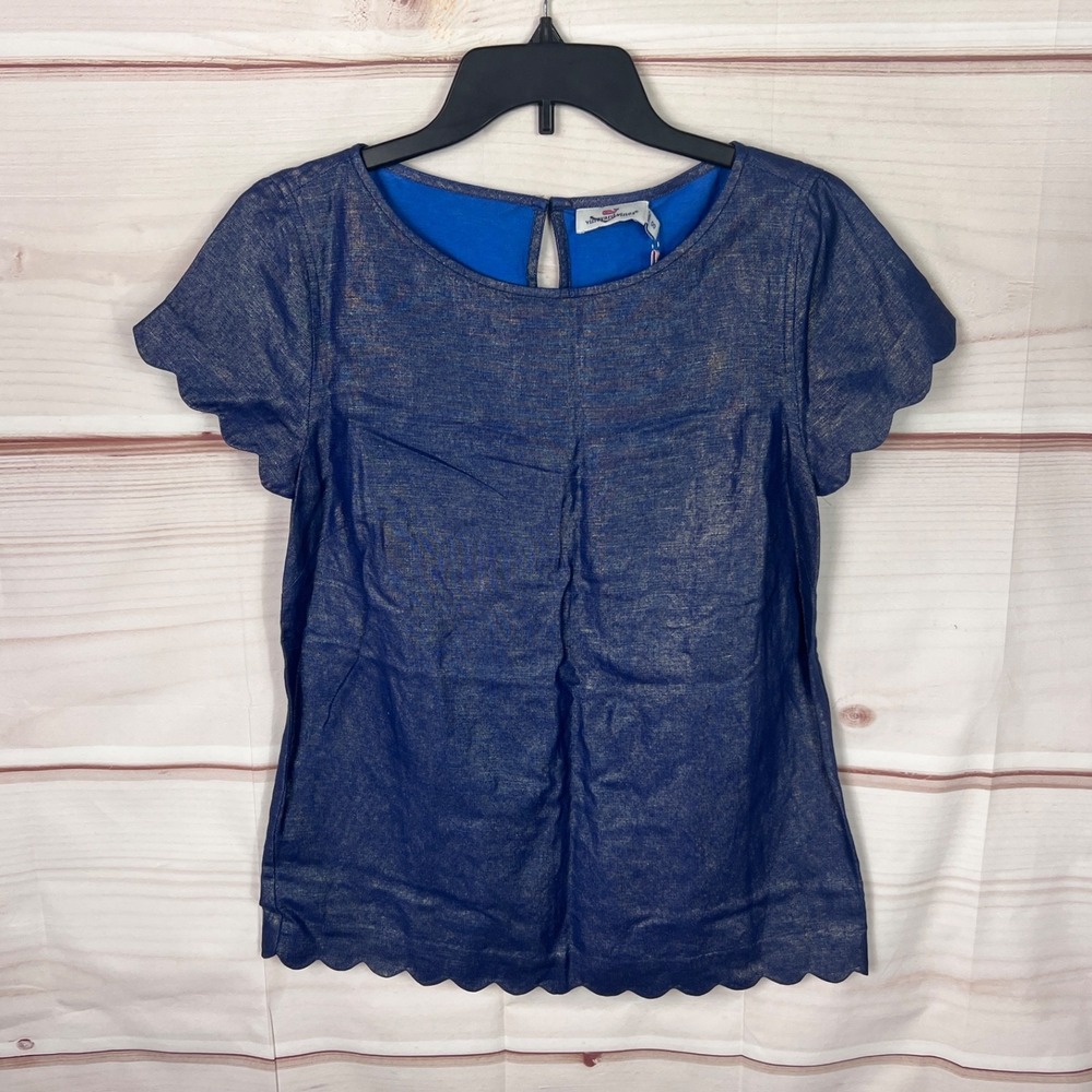Vineyard Vine Top Women 00 Blue Shimmer Linen Blend Blouse Scallop Trim Pullover